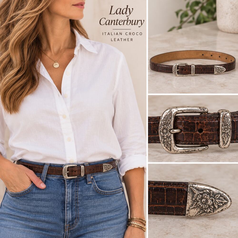 Vintage Lady Canterbury Italian Croco Leather Belt Brown Western Buckle 35"